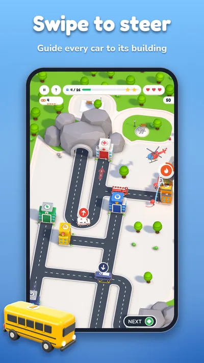 Swipe to steer. Guide every car to its building