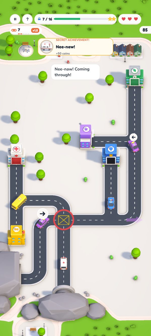 City Streets in play: cars on roads heading to coloured buildings