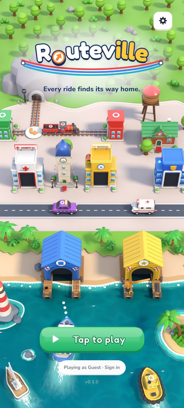 The Routeville title screen: a little town with a railway, roads and a harbor